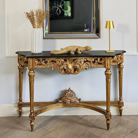 Barokowa konsola, kolor ciemnozłoty, czarny blat.