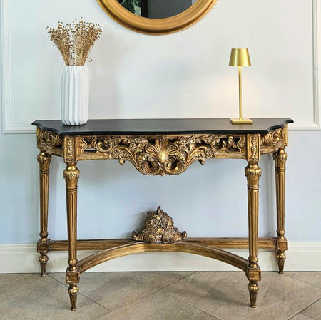 Barokowa konsola, kolor ciemnozłoty, czarny blat.